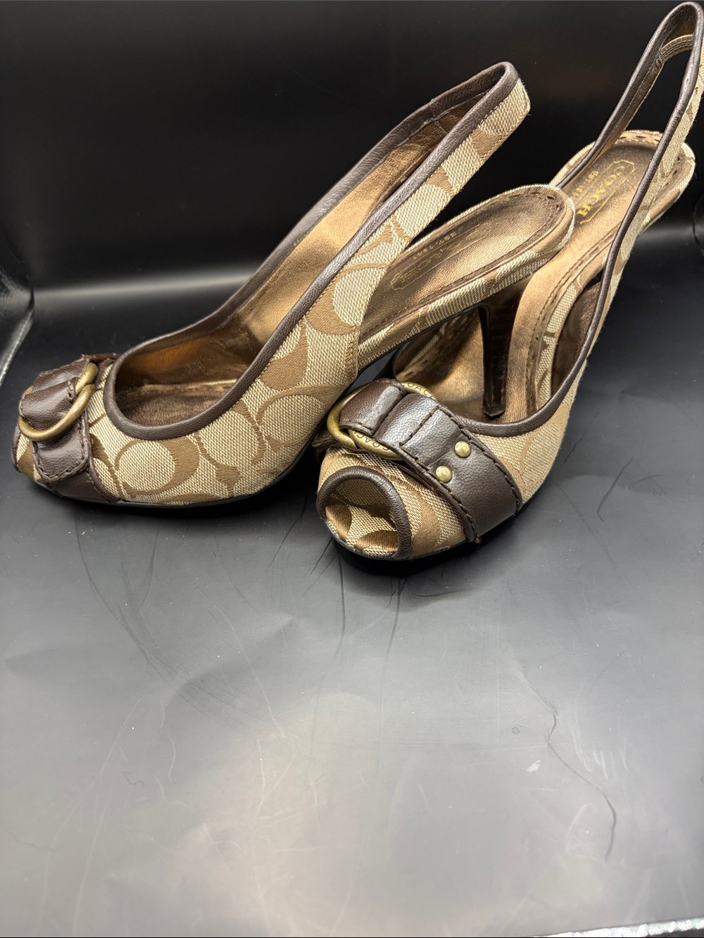 Coach Brown Canvas & Dark Brown Leather Peep-Toe Slingback Heels - Picture 3 of 5